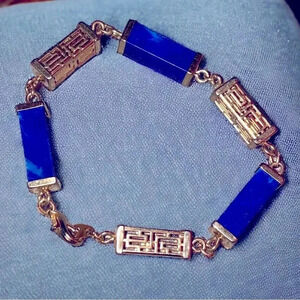 Vintage Asian Gold Tone Faux Lapis Lazuli Bar Link Chain Bracelet
